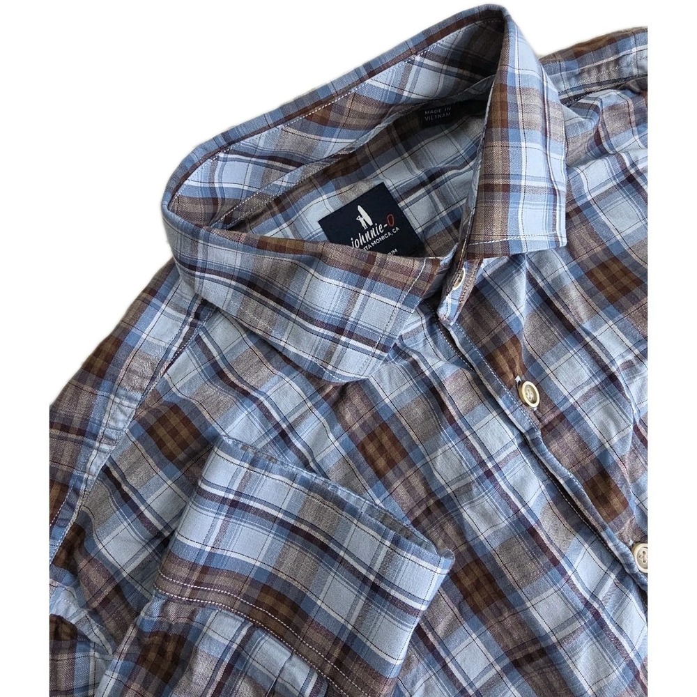 Johnnie-o Men's Button Down Shirt Size MEDIUM Blue BROWN Check Long Sleeve